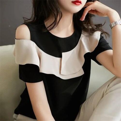 Summer Women Fashion Ruffle Bare Shoulders Blouses O-Neck Lady Color Contrast Casual Blcak Elegant Temperament Tops MM0377
