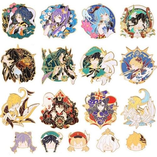 Game Genshin Impact Barbatos Venti Keqing Zhongli Hu Tao Metal Badge Button Brooch Pins Collection Medal Pendant Souvenir Gift