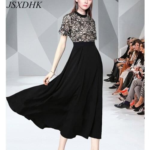 JSXDHK 2021 New Runway Summer Party Dress High Quality Women O Neck Hook Flower Lace Patchwork Chiffon Hollow Out Long Vestidos