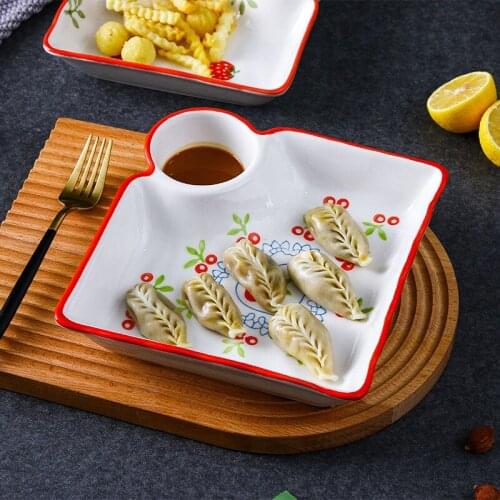 Japanese-style Hand-painted Ceramic Dumpling Plate Divided Grid Ceramic Bowl Sauce and Vinegar Dish Baking Dish Dish