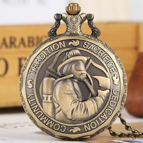 Classic Retro Firefighters Embossed Bronze Quartz Pocket Watch Souvenir Pendant Clock Gifts with Fob Chain Antique Timepiece