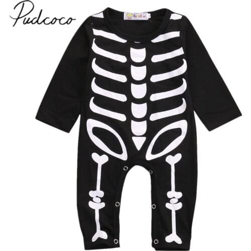 Brand New Newborn Baby Boy Girl Halloween Rompers Long Sleeve Black Cotton Jumpsuits Skull Playsuit Novelty Outfit 0-24M