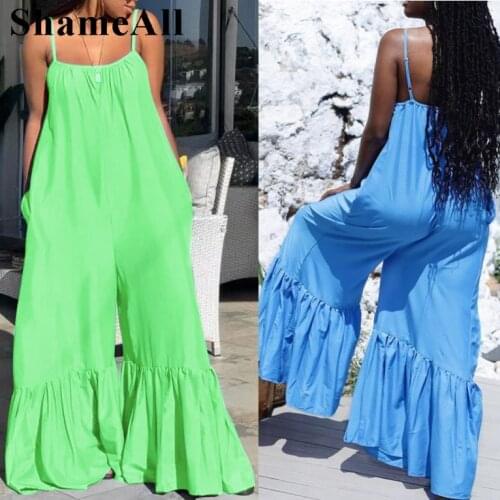 Plus Size Spaghetti Strap Wide Leg Green Jumpsuits 4XL Summer Streetwear Loose Ruffles Hem Club Outfits Rompers Overalls Pants