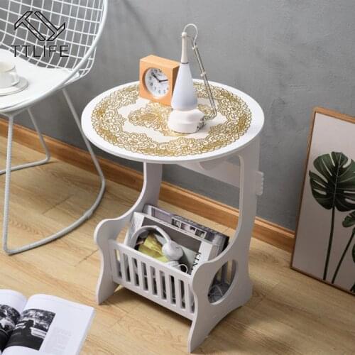TTLIFE Mini Plastic Round Coffee Tea Table Europe Style Coffee Tables for Living Room Storage Rack Bedside Table White with Mat