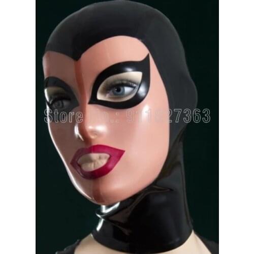 100% Latex Black and Skin Latex Hood Fetish Rubber Mask Handmade Sexy Mask Open Eyes and Mouth with Back Zipper Customized