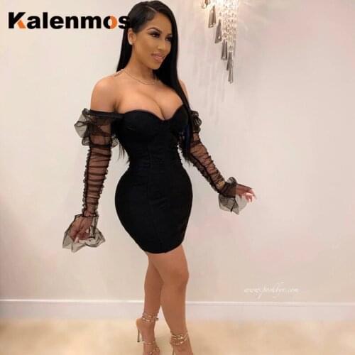 Mini Dress Women Sexy Dresses Bandage Bodycon Summer Slash Neck Slim Sexy Stitching Mesh Club Party Night Vestidos Feminino