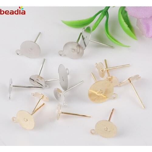 New Iron 100pcs/lot Stud Earring Blank Base Fit 6 8 10mm Cabochon Cameo Settings Gold/Silver Color Ear Post DIY Jewelry Making
