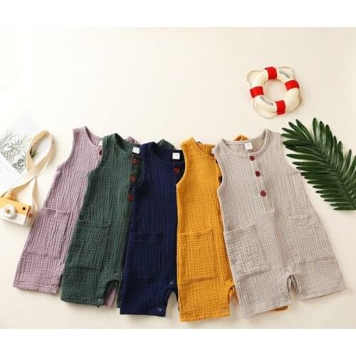 2020 Brand New Summer Baby Onesies Girls Grand Pockets Jumpsuits Cotton Linen Kids Solid Color Sleeveless Romper Playsuits 0-24M