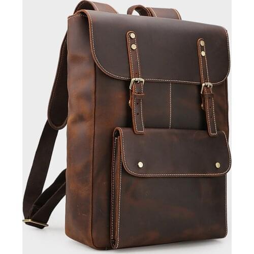 New Retro Crazy Horse Leather Men Backpack Large Capacity 17 inch Laptop Bag leisure travel backpacks male shoulder bags