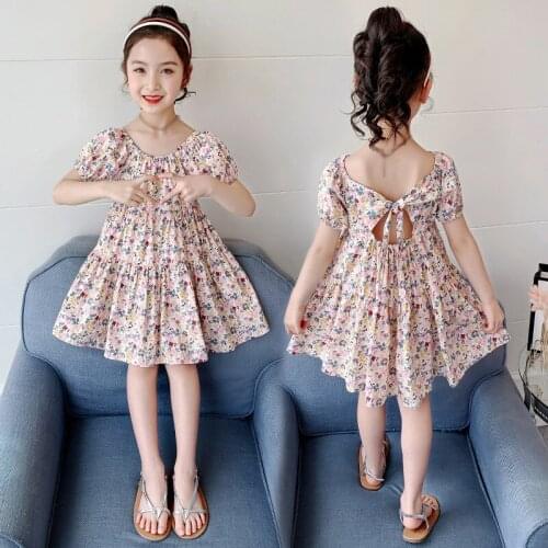 3-8Y Summer Girls Cute Dress Baby Kids Round-neck Broken Flower Bubble Cuff Bow-tie Princess Dresses For Girls Children Clothes