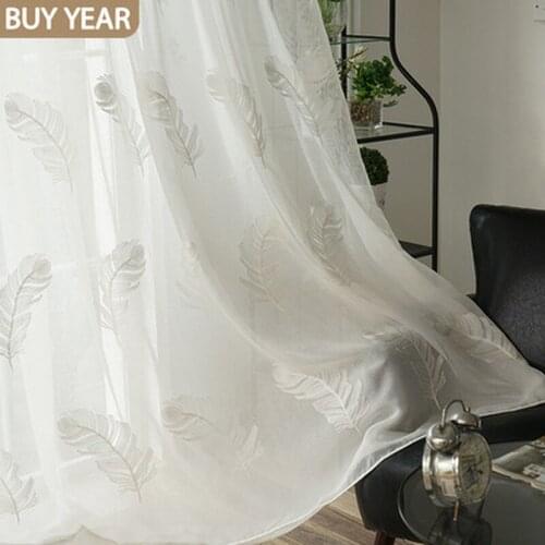[Feather]Curtain for Living Dining Room Bedroom White Gauze Simple Pastoral American Cotton Thread EmbroideryTulle Customization