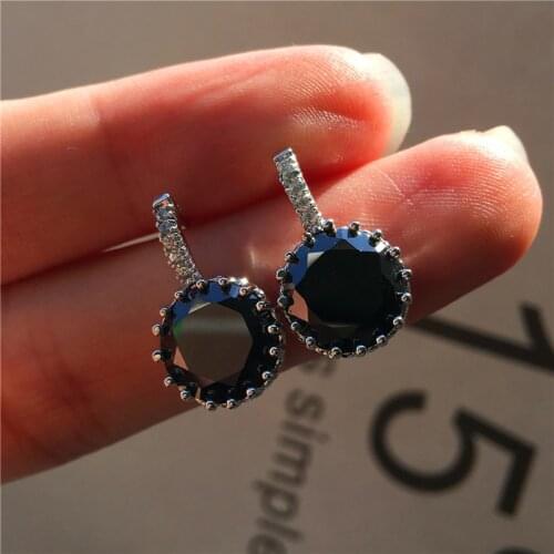 Luxury Female Black Round Stone Earrings Charm Vintage Silver Color Wedding Earrings Boho Stud Earrings For Women