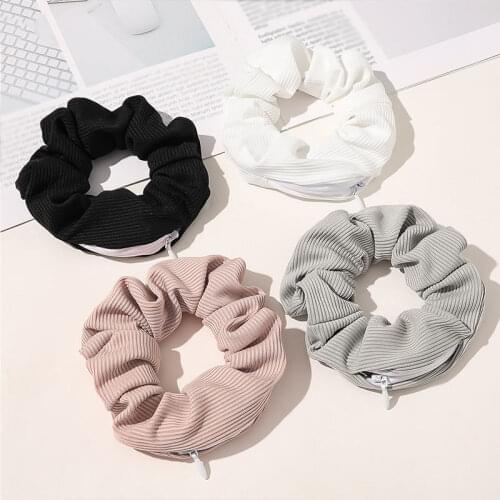 Satin Zipper Hair Scrunchies Women Funny Velvet Winter Hair Tie Pocket Scrunches With Zip Printed Elastic Hair Bands Wholesale