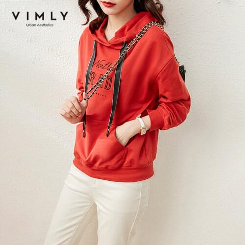 Vimly Hoodies For Women Spring New Fashion Hooded Letter Embroidery Red Sweatshirt Women Causal Female Pullover Tops F6562