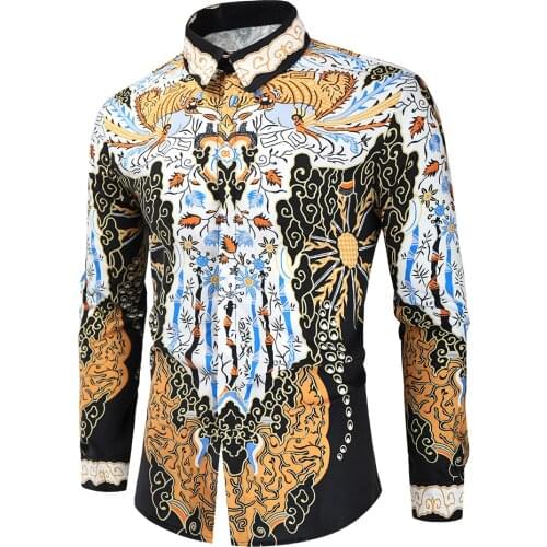 Vintage Luxury Baroque Mens Button Down Dress Shirt Tuxedo Shirts Fashion Print Stage Streetwear Show Shirt Men Camisa Masculina