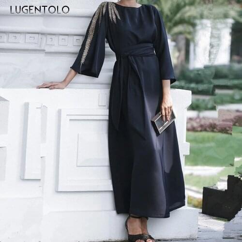 Vintage Dress Women Fashion Muslim Embroidery Dresses Lady Elegant O-neck Spring Loose Dubai Dinner Long Dress Lugentolo