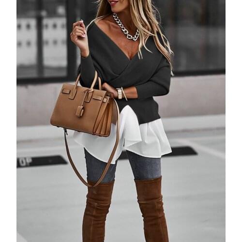 Women Fashion Chic Spring Autumn Casual Irregular Lantern Long Sleeve Sexy Deep V Neck Backless Patchwork Tshirts
