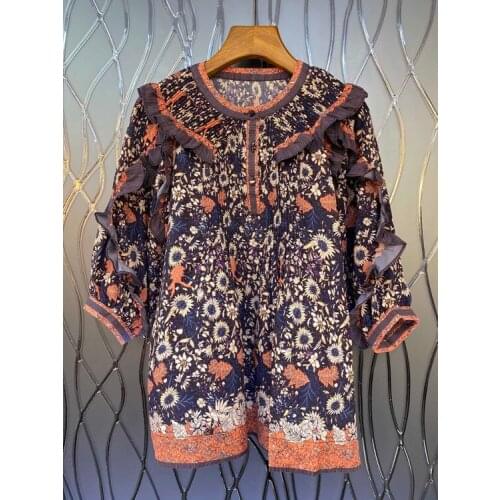 2021 Autumn Fashion Style Blouses High Quality Women Vintage Floral Print Ruffle Deco 3/4 Sleeve Casual Loose Tops Blouse Female