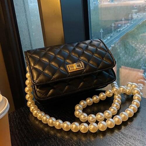 Female Leather Solid Color All-Match Square Pearl Chain Women Shoulder Bags Fashion Exquisite Summer Crossbody Bag 2021 New