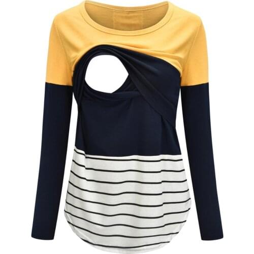 Women Maternity Feeding Blouses Leopard Tops Lace Striped T-shirt Long Sleeve Pregnant Nursing Clothes For Pregnancy S-2XL