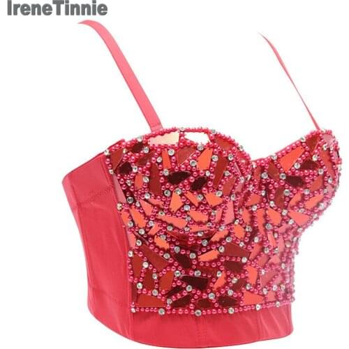 IRENE TINNIE Womens Sequin Cropped Tops Rhinestone Pearl Tank Top Glitter Sexy Bustier Tops Rave Festival Party Vest