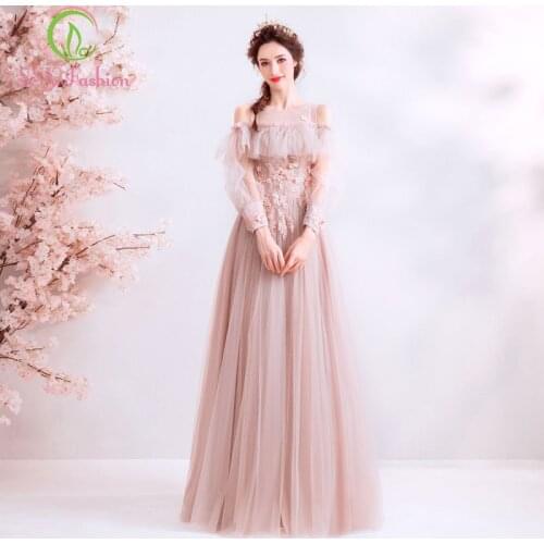 SSYFashion 2019 New Pink Lace Evening Dress Long Sleeve Floor-length Appliques Prom Party Formal Gowns Robe De Soiree