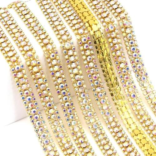 1Yard 3Rows Rhinestones Trim Crystal AB Color Rhinestone Cup Chain Sew On Rhinestone For Wedding Dresses Strass Ribbon DIY Cloth