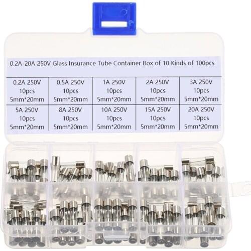 100Pcs/Set 5x20mm Quick Blow Glass Tube Fuse Assorted Kits, Fast-blow Glass Car Fuses 0.2A 0.5A 1A 2A 3A 5A 8A 10A 15A 20A