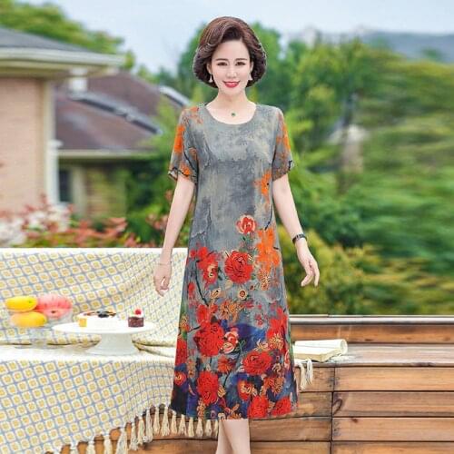 Women 2021 Summer New Fashion Middle-aged Loose Drees Female Short Sleeves Printed Dresses Ladies O-neck Thin Vestidos W18