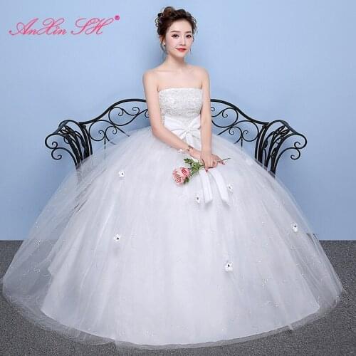 AXJFU princess flower lace bride wedding dress party vintage strapless sleeveless big bow beading ball gown white wedding dress
