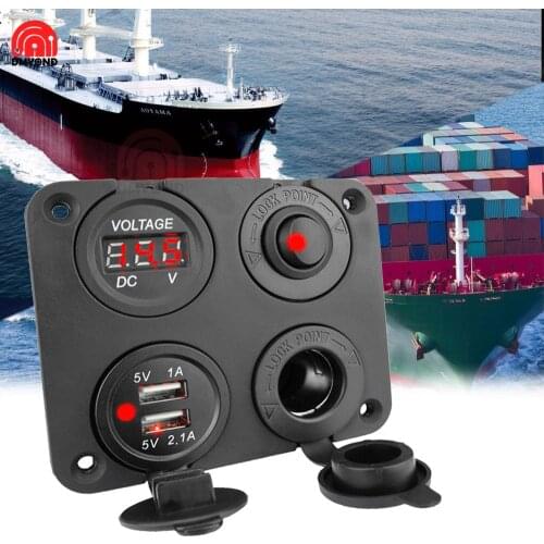 Dual USB Ports Car Charger LED Switch Panel 4 in 1 LED Voltmeter 12-24V Power Socket On-Off Switch for Car Marine Boat