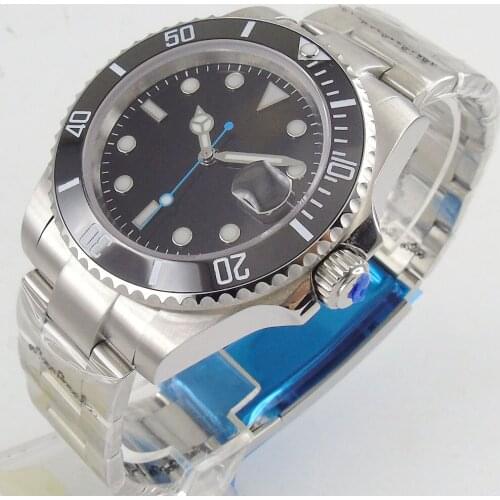 Black Sterile Dial Steel Business Automatic Men Wristwatch 24 Jewels NH35 MIYOTA 8215 Magnifier Clear Glass Back Ceramic Insert