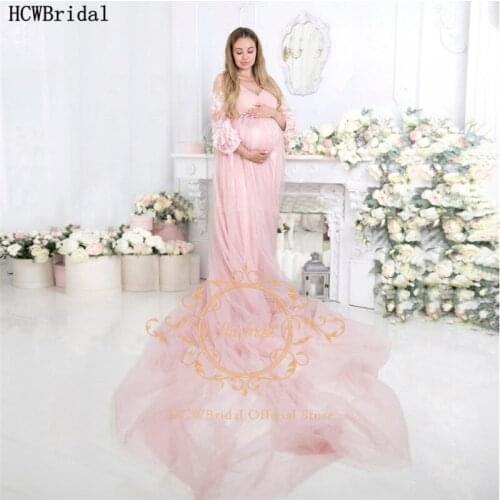 Long Train Pink Pregnant Women Evening Dress For Photoshoot Long Lace Sleeves V Neck A Line Plus Size Prom Gowns Customize