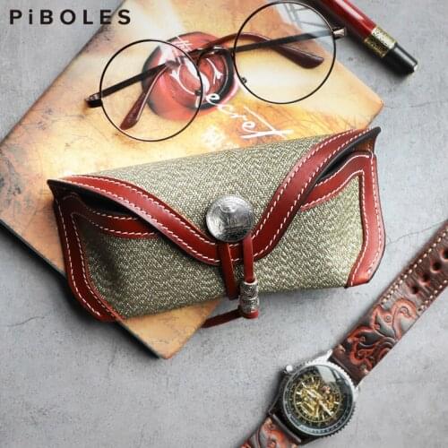 Retro Genuine Leather Mens Sunglasses Bag Handmade Eyeglasses Box Portable Reading Glasses Pouch With String Closed For Women
