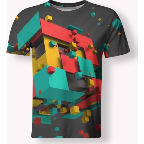 Hot-selling 3D three-dimensional creative explosion metal checkered T-shirt round neck mens and womens short-sleeved T-shirt