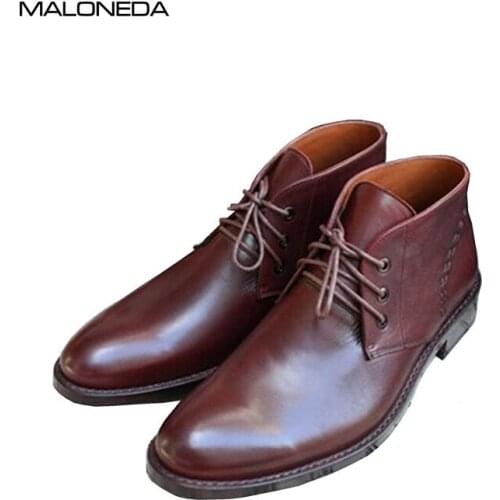 MALONEDE Handmade Retro Mens Lace up Short Boots Genuine Leather Sole Bespoke EUR size 37-47 With Goodyear welted