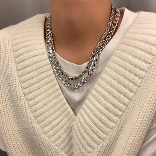 AOMU 2020 Hip Hop Punk Metal Multilayer Chain Choker for Women Men Fashion New Jewelry Gold Silver Color Simple Necklace