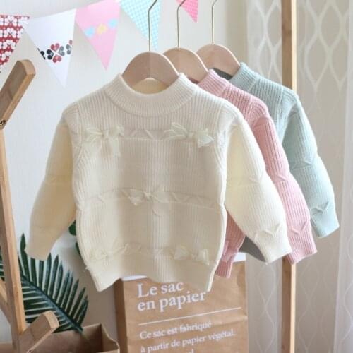 Jargazol Fall Cute Sweater Bow Tie Knit Little Girls Clothes Fashion Korean Pullover Sweater Children Outfits Warm Winter Tops