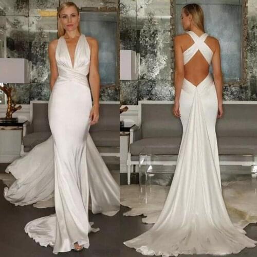 Plus Size Cross Belt Open Back Wedding Dresses 2019 Beach Mermaid Wedding Gowns Deep V Neck Ruched sleeveless Bridal Dresses
