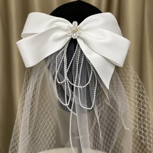 Mori Style Retro Artistic Bow Pearl Flower Short Veil Headwear Fairy Bridal Headpiece Wedding Dress Hair Accessories