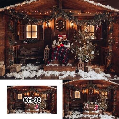 Christmas 2021 Happy New Years Photography Background Christmas Trees Winter Snow Wooden House Newborn Baby Portrait Studio