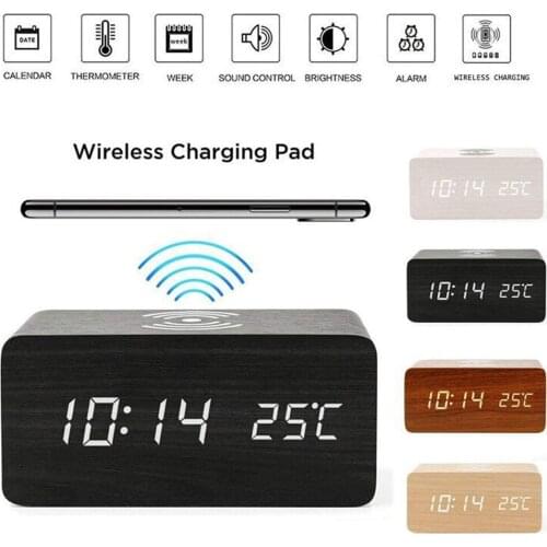 Modern Wooden Digital LED Backlit Alarm Clock Thermometer Qi Wireless Charger Multiple Colors Optional