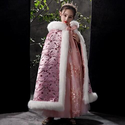Chinese Printed Childrens Girls Jacket Princess Formal Dress Bolero for Winter Warm Thick Outing Coat Pink Faux Fur Wrap Shawl