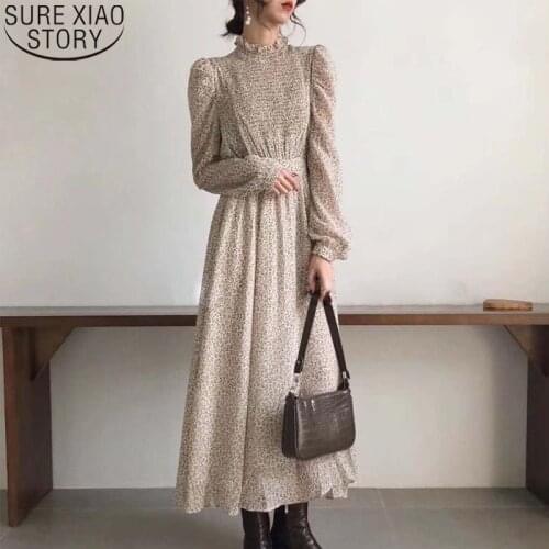 Vintage Floral Print Dress Women Fashion Stand Collar Long Sleeve A-line Dresses Autumn Vestidos Femme Elastic Waist Dress 11453