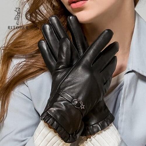 RITOPER Women Winter Sheepskin Gloves Genuine Leather Thicken Gloves Warm Velvet Fashion Ruffle Pendant Round Buckle Glove 2018