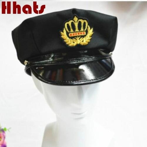 Women men black patchwork cotton PU badge military cap vintage police hat adjustable sailor hat retro emblem painter cap bonnet
