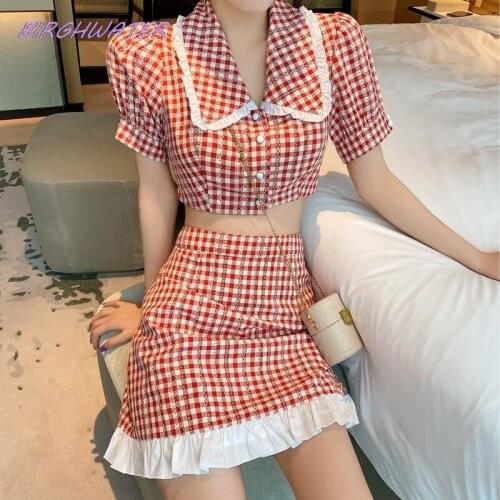 Woman Suit Japanese Kawaii Bow red Sweet Peter Pan Collar Uniform Suits High Waist lattice Skirt+Shirt Cute Pleated 2Piece Sets