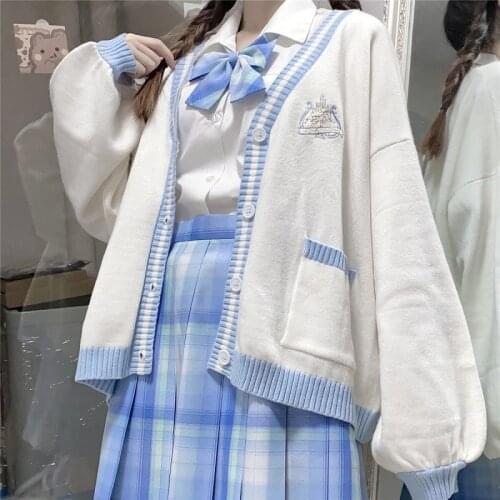 Japanese Preppy style womens knitted sweater Korea Harajuku embroidery button sweater coat sweet cute V-neck knitted sweater