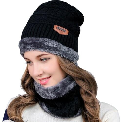 Winter Hats Scarves Set Knitted Beanies Men&Women Winter Thicker Hats Caps Black Bonnet Beanie Casual Scarf Neck Warmer