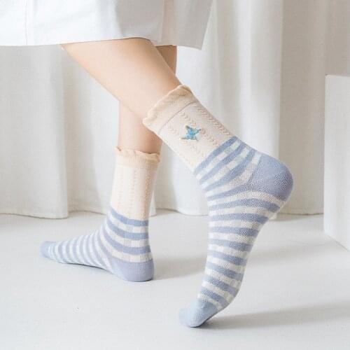 1 Pair New Winter Women Socks Cute Sweet Butterfly Embroidery Striped Lattice Long Socks Casual Creative Combed Cotton Socks